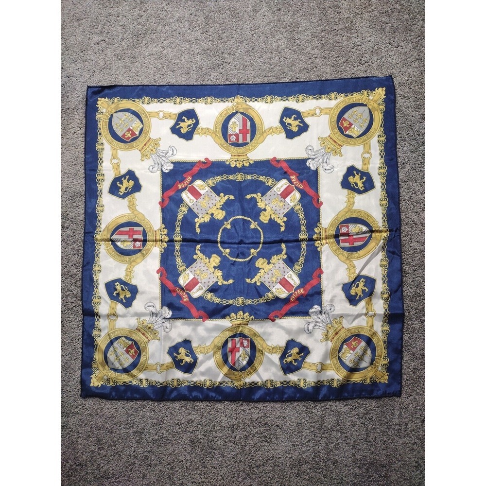 Basha Vintage Heraldic Print Scarf Hand Roll 30 in W X 30 in L Shield, Lion Gold - Picture 7 of 10